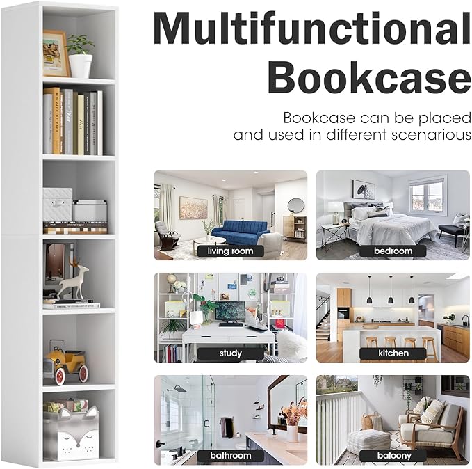 6-Tier Narrow Bookshelf, 71.5" Tall Corner Bookcase, Modern Book Shelf with Storage Space, Wooden Display Storage Shelves for Bedroom, Living Room and Office, White