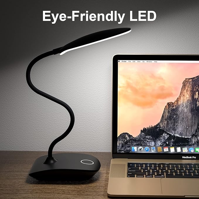 DEEPLITE Battery Operated Desk Lamp, LED Desk Light 3 Lighting Modes Stepless Dimming, Table Lamp 5W Touch Control Eye Caring, Flexible Gooseneck, Portable Reading Light for Dorm Study Office Bedroom