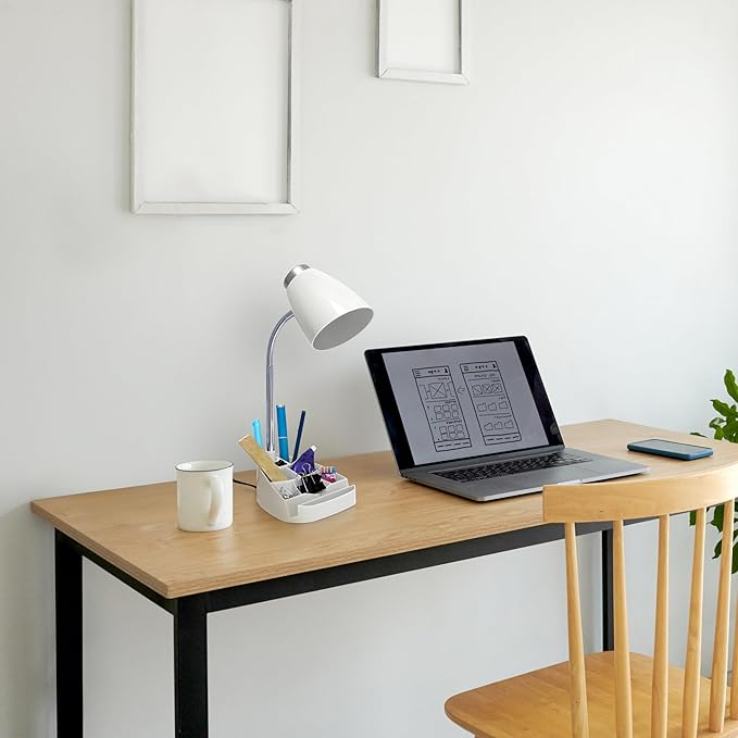 Simple Designs LD1067-WHT Compartmental Desk Lamp with iPhone/iPad/Tablet Stand, Bendable Gooseneck, for Office, Living Room, Nightstand, Library, Entryway, White