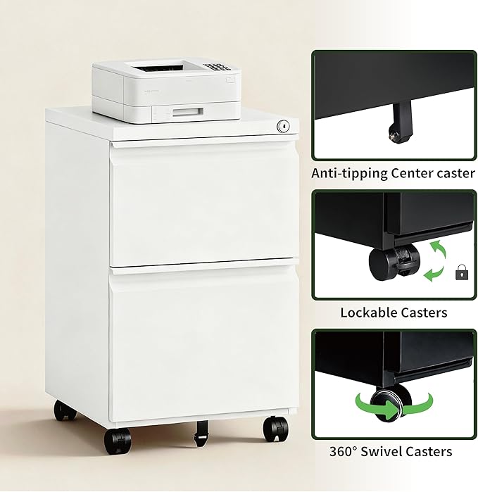 2 Drawer File Cabinet with Lock,Rolling Filing Cabinet with Wheels for Home Office,Under Desk Metal File Cabinet,Office Storage Organizer,White