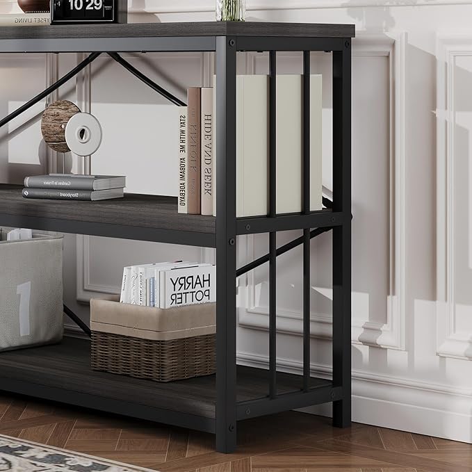HSH 3 Tier Bookshelf, Wood Metal Low Horizontal Bookcase with Storage, Industrial 3 Tier Long Bookshelves Shelf for Bedroom, Modern Wooden Open Etagere Bookcase for Living Room, Dark Gray, 55 Inch