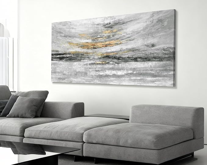 Nicetop Coastal Wall Decor 48x24 Inch, Abstract Canvas Wall Art Black White and Gold, Modern Ocean Artwork Ready to Hang for Living Room, Bathroom, Bedroom and Office | Minimalist