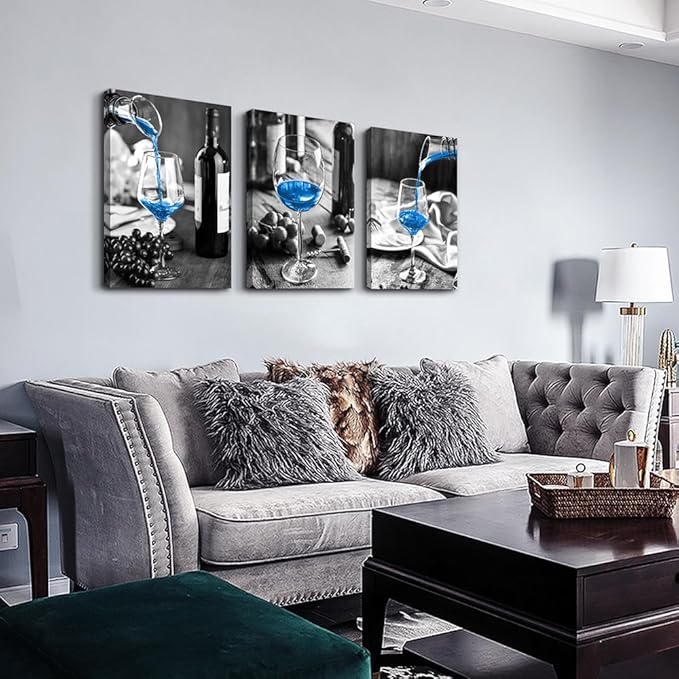 Lapremoly Blue Wine Wall Art Prints - 3 Pieces Canvas Art for Kitchen, Dining Room, Bar, Restaurant - Modern Inspiration Wall Decor with Black and White Wine Glasses Theme