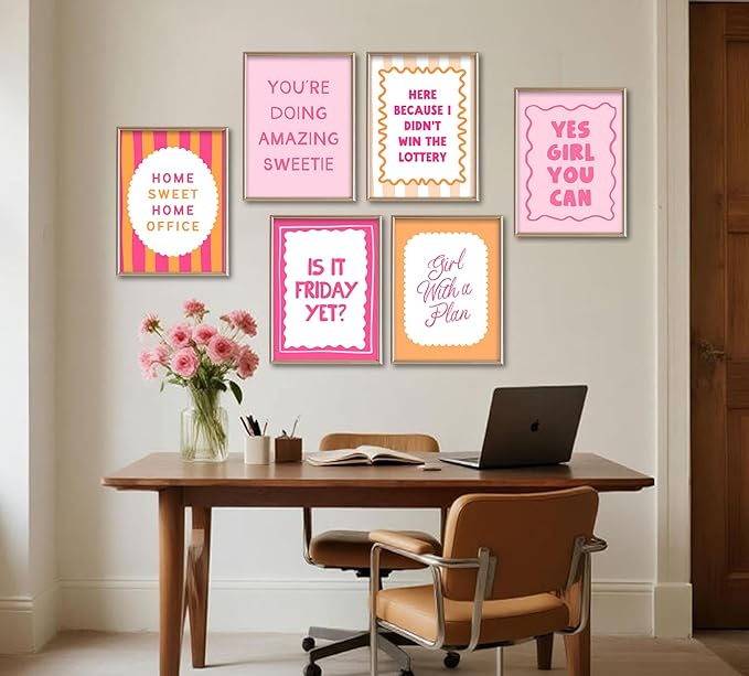 6Pcs Pink Inspirational Wall Art Contemporary Home Workspace Wall Decor Pictures Yes, you can Motivational Quotes Phrases Poster Prints for Bedroom Apartment Home Decoration 8x10inch unframed