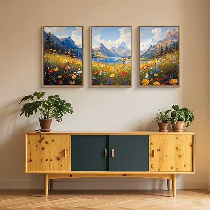 HOURIA Spring Boho Vibrant Watercolor Wildflower & Snowy Mountain Framed Canvas Wall Art Set,Colorful Floral Landscape Decor,Modern Natural Field Scenery Artwork for Living Room,Bedroom,Farmhouse-24"x36"x3