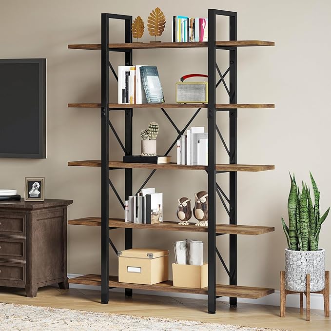 DWVO 5 Tier Bookshelf, 70.9" H Tall Bookcase Industrial Book Shelf Vintage Storage Organizer, Free Standing Storage Shelving Unit for Living Room, Bedroom, Home Office, Rustic Brown
