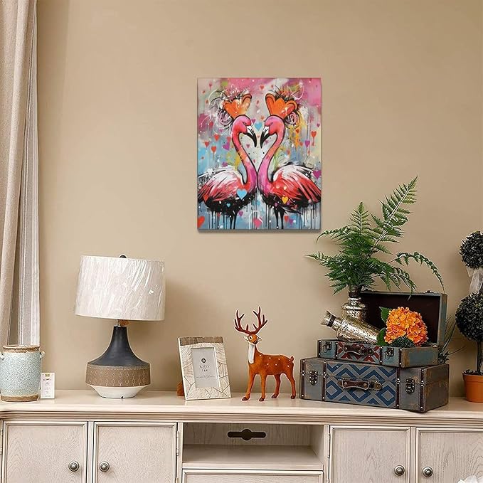 yerretin Flamingo Wall Art Banksy Graffiti Pictures Wall Decor Pink Canvas Painting Modern Home Decoration Artwork for Bathroom Bedroom Living Room Office Framed 16"x20"