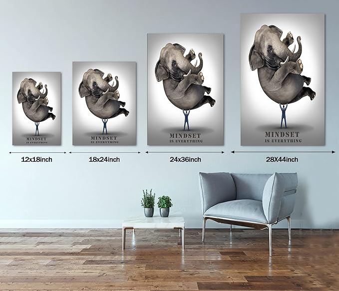 Abstract Large Office Canvas Artwork HD Print Painting Pictures Mindset is Everything Print Poster Elephant and Business Man Wall Art Gallery Wrapped Framed Home Classroom Study Room Decor-28 Wx44 H
