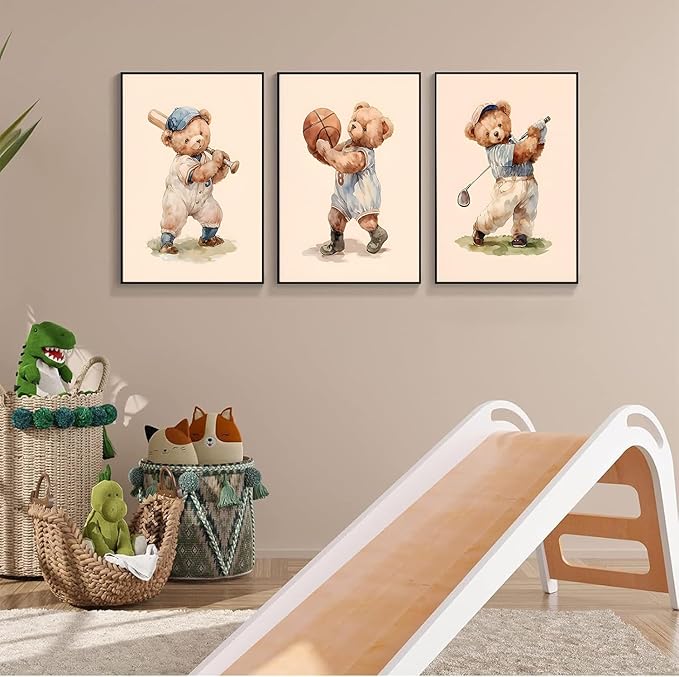Teddy Bear Sports Nursery Animal Wall Art Cute Woodland Rugby Wall Decor Pictures Vintage Basketball Baseball Kids Room Canvas Poster Prints for Boys Room Bedroom Decorations Unframed(12x16in poster)