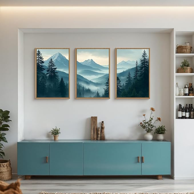 BICERE Large Misty Mountain Forest Framed Canvas Wall Art,Nature Pine Tree Wall Decor,Foggy Snow Woodland Painting,Watercolor Scenery Artwork for Living Room,Bedroom,Dining Room,Office -16"x24"x3