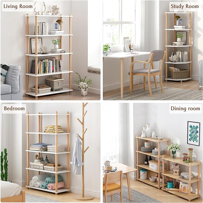 IOTXY 5-Tier Wooden Shelf Bookcase - Modern Open Bookshelf, Free Standing Storage Rack, Multifunctional Display Stand for Home and Office, Oak, Rectangle