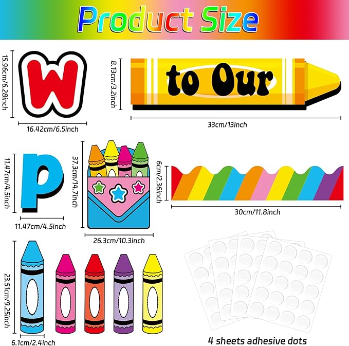 Welcome to Our Pack Bulletin Board Decorations Back to School Crayon Theme Classroom Bulletin Board Border Set Colorful Crayons Name Tags for School Teacher Supplies Home Wall Decor