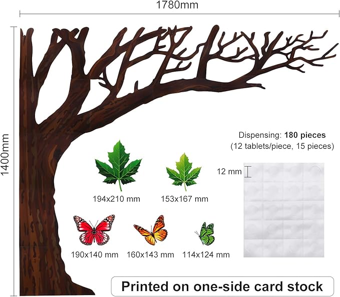 60 Pieces 70 x 55 Inch Classroom Big Tree Bulletin Board Set with Leaves and Butterflies, Woodland Whimsy Decor with 180 Pieces Removable Glue Point Dots for School Decoration(Stylish Green Leaf)