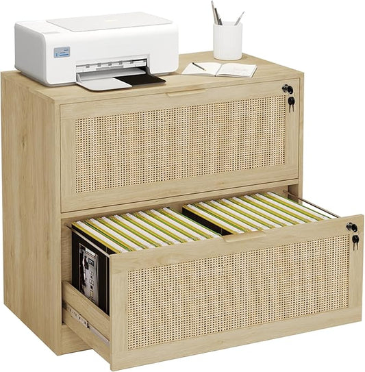 HOPUBUY 2 Drawer File Cabinet with Lock, Printer Stand Lateral Filing Cabinets for Home Office and School, Wood Rattan File Cabinet for Hanging Files/Letter/Legal/A4/F4 Size, Natural Wood