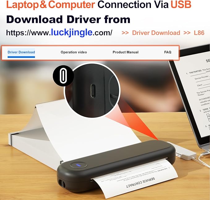 Bluetooth Portable Printer, L86 Thermal Printers Wireless for Travel, Support (Width 2-8.5'')8.5" X 11" US Letter, Inkless Printer Compatible with iOS, Android &Laptop for Office Car Home