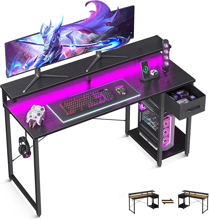 AODK Gaming Desk with LED Lights, 55 Inch Computer Desk with Drawers, Reversible Small Desk with Monitor Stand & Headphone Hook for Home Office, Black