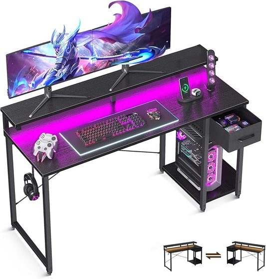 AODK Gaming Desk with LED Lights, 55 Inch Computer Desk with Drawers, Reversible Small Desk with Monitor Stand & Headphone Hook for Home Office, Black