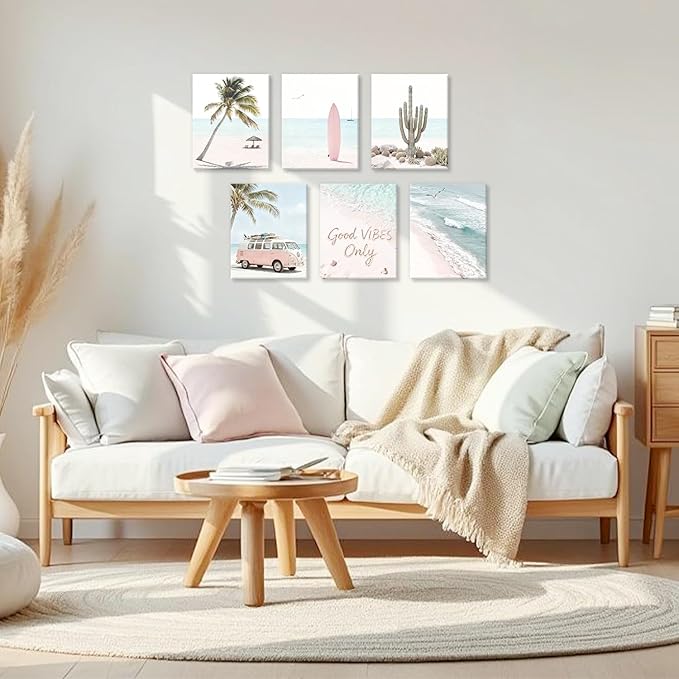 CHDITB Beach Framed Canvas Wall Art, Coastal Palm Tree Artwork, Tropical Ocean Wall Decor, Boho Surfboard Poster, Pink Aesthetic Summer wave Art Prints For Living Room Seaside Cottage Decor 8”X10”x6