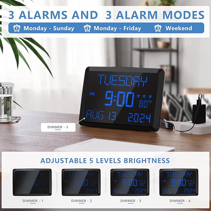 Raynic Digital Clock, 11.5" Large Display Calendar Clock with Day and Date, Indoor Temperature, Adjustable Brightness, Snooze,12/24H, DST for Home, Office, Elderly