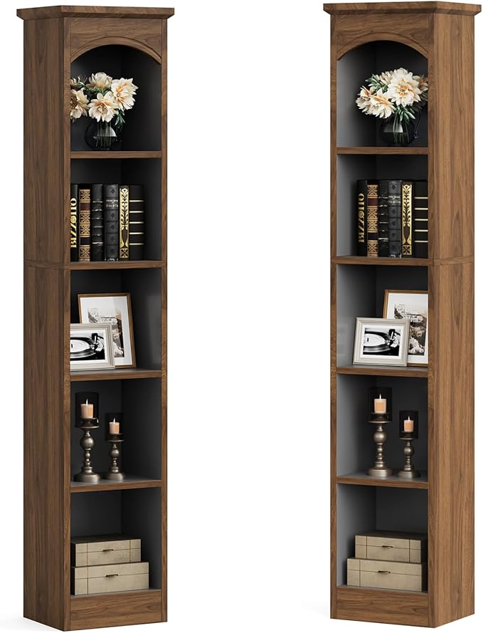 Tribesigns 70.9-Inch Tall Narrow Bookcase, 5-Tier Cube Bookshelf with Storage, Modern Slim Corner Display Shelves for Home Office, Living Room, Walnut Brown