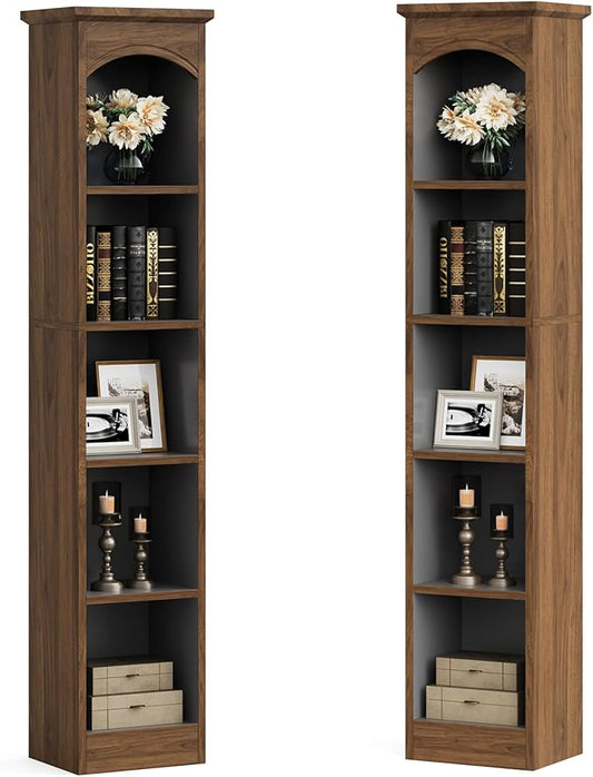 Tribesigns 70.9-Inch Tall Narrow Bookcase, 5-Tier Cube Bookshelf with Storage, Modern Slim Corner Display Shelves for Home Office, Living Room, Walnut Brown