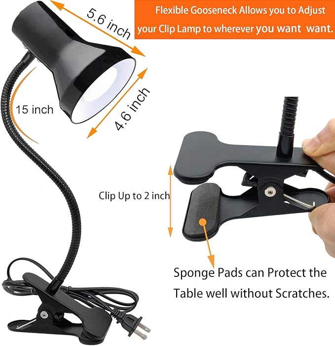 Desk Lamp Eye-Caring Table Lamps, 360°Rotation Gooseneck Clip on Lamp, Portable Reading Book Light, Clamp Light Eye-Caring Study Desk Lamps for Bedroom and Office Home Lighting-Black