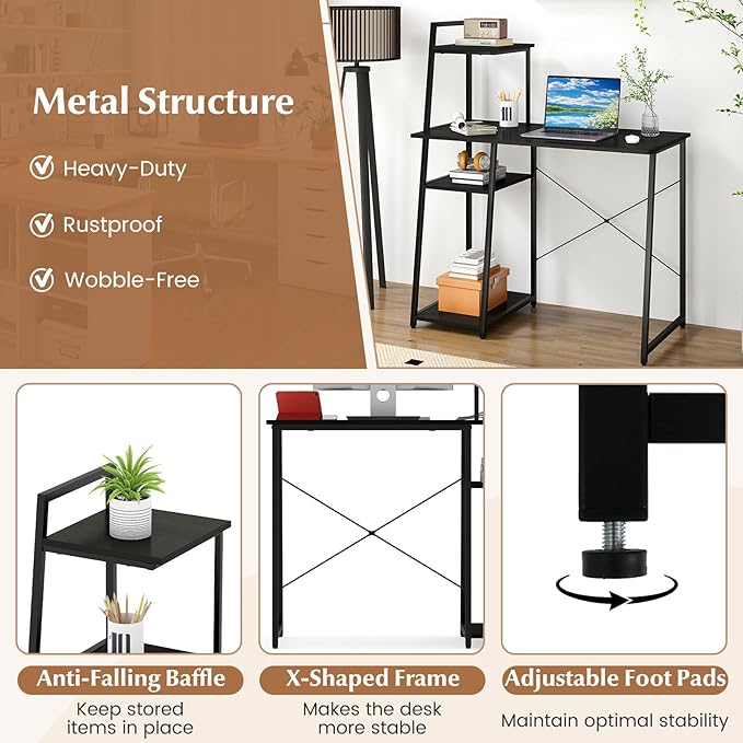 Giantex Computer Desk with Shelves, 47.5” Home Office Desk with Bookshelf, Host Stand, Metal Frame, PC Laptop Workstation, Modern Study Writing Desk for Bedroom, Small Space (Black)