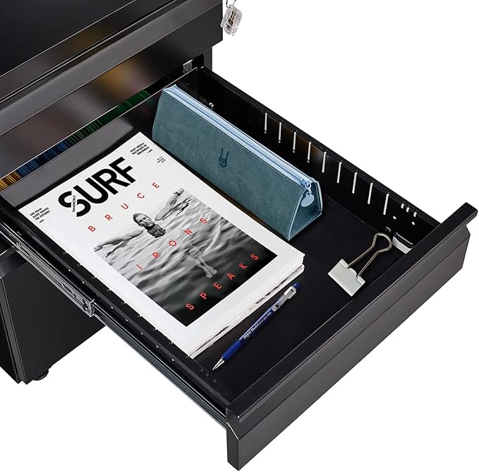 3 Drawer File Cabinet with Lock, Steel Mobile Filing Cabinet on Anti-tilt Wheels, Rolling Locking Office Cabinets Under Desk for Legal/Letter Size (Black)