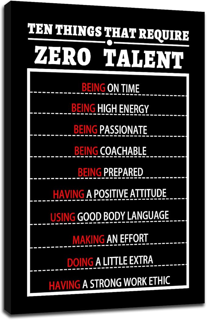 PSYYSP Motivational 10 Things That Require Zero Talent Canvas Wall Art Entrepreneur Positive Quotes Inspirational Picture Poster for Classroom Bedroom Office Wall Decor Ready to Hang [12''Wx18''H]