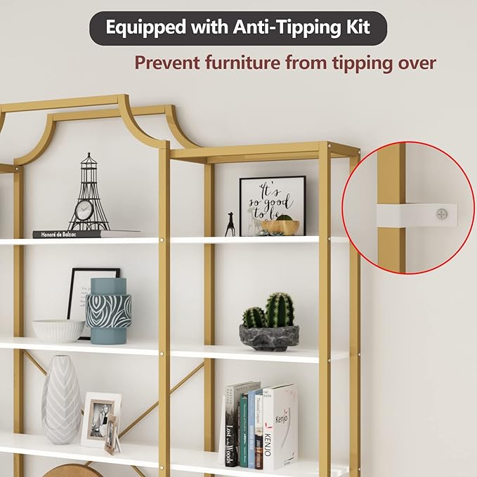 Auromie Triple Wide 5-Tier Bookshelf, 70.87" L x 79.13" H Extra Large Gold Bookcase, Tall Display Shelf with Metal Frame, Freestanding Etagere Storage Display Shelf for Home Office, White Gold