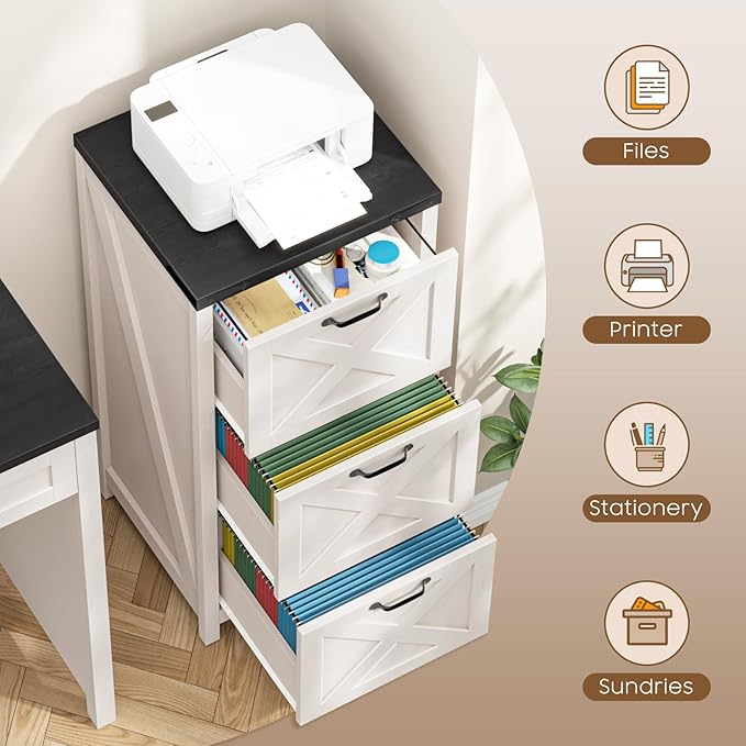 3 Drawer Tall File Cabinet, Farmhouse Vertical Filing Cabinet Fits Letter/A4 Size, Wood File Cabinets Printer Stand for Home Office, Living Room, White and Black