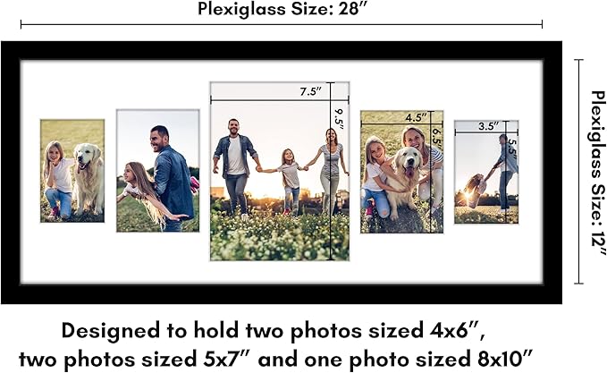 Americanflat 12x28 Collage Picture Frame with Polished Plexiglass - Multi Picture Frames Fit One 8x10, Two 4x6 and Two 5x7 Photos or Use as One 12x28 Frame - Signature Collection - Black