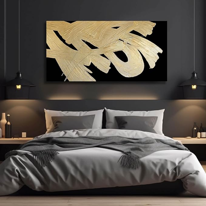 Framed Canvas Prints Gold Abstract Wall Painting on Black Background Graffiti Artwork Black Art for Office Living Room Modern Hanging Decor 24"x 48"