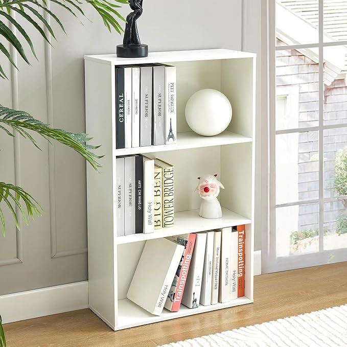 Tall Bookshelves, Office Storage Cabinets and Bookshelf, 3-Tier Wooden Bookcase with Storage, Floor Standing Display Cabinet Shelves for Living Room, Home Office, White