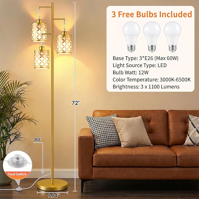 New Upgraded 72" Tall Dimmable Floor Lamp with 3 x 1100LM 12W Bright LED Bulbs, Farmhouse Standing Lamp with Remote Control, Industrial Tree Pole Floor Lamps for Living Room, Bedroom, Office - Gold
