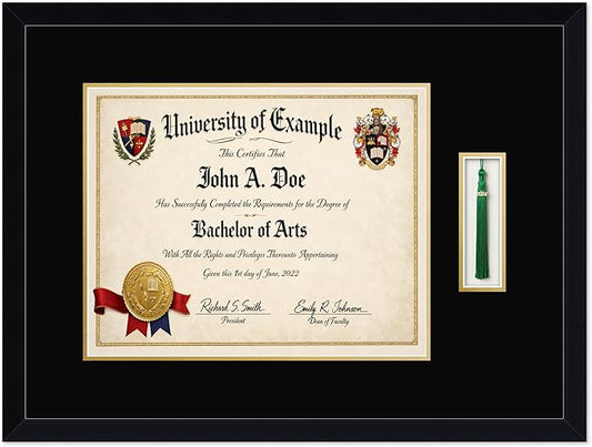 CountryArtHouse Diploma and Tassel Frame Fits 15 x 12 Military/Government with Tassel Hook Matte Black Genuine Hardwood Shadowbox with Black Over Metallic Gold Double mat