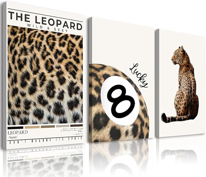Trendy Leopard Wall Art Set of 3 Preppy Cheetah Wall Art,Funky Lucky 8 Ball Posters Prints Preppy Room Decor Aesthetic Cheetah Print Wall Decor for Girls Bedroom Apartment Dorm,Framed,12x16inch