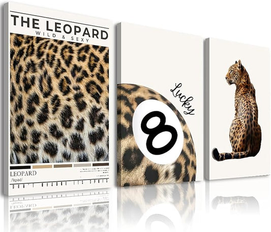 Trendy Leopard Wall Art Set of 3 Preppy Cheetah Wall Art,Funky Lucky 8 Ball Posters Prints Preppy Room Decor Aesthetic Cheetah Print Wall Decor for Girls Bedroom Apartment Dorm,Framed,12x16inch