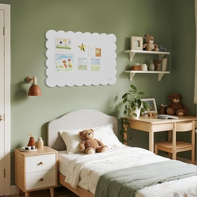 Scalloped Bulletin Board, 36 x 24 Inches Felt Pin Board - Decorative Cork Alternative for Wall, 3' x 2' Foldable Picture Self-Adhesive Vision Prayer Board with 20 Pushpins - White