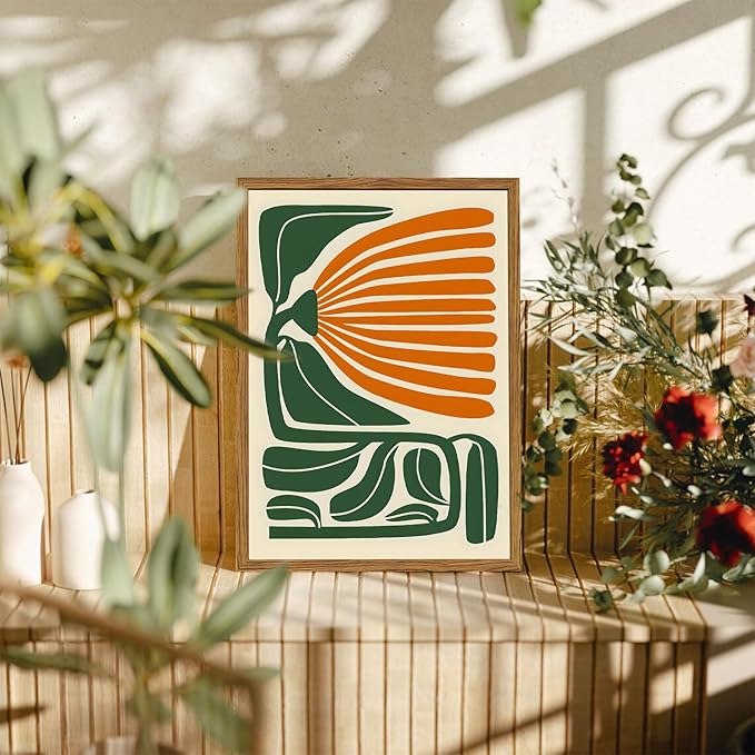 Framed Boho Floral Wall Art, Mid Century Modern Flower Canvas Wall Decor Pictures, Green and Orange Abstract Botanical Paintings Poster Prints Eclectic Home Decor for Living Room Bedroom 16x24 inch