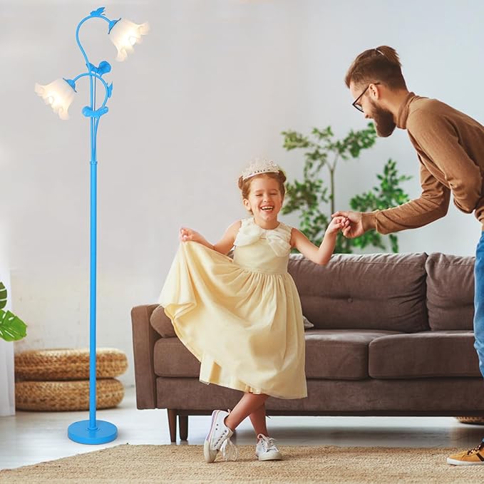 HMVPL Blue Floor Lamp for Living Room, Flower Standing Lamp with 2 LED 5W Blubs, Foot Switch, Floral Tall Lamp with Acrylic Shade, Antique Lotus Flower Floor Lamp for Living Room Office Reading