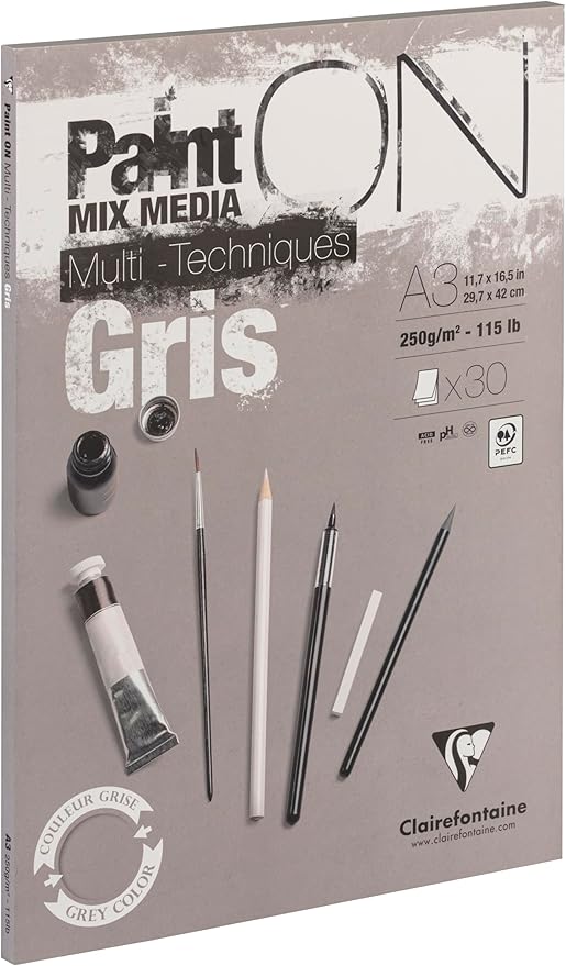 Clairefontaine Paint'ON Grey Paper Pad, 250 g, A3, 30 Sheets