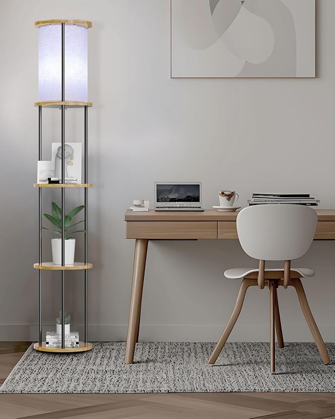 Lightdot 61" RGB Floor Lamp with Shelves, 3-Tier Storage Smart Remote Control Standing Lamp with Fabric Shade, Bulb Included, Dimmable Floor Lamps for Living Room/Sofa Beside/Corner Decor (Black)
