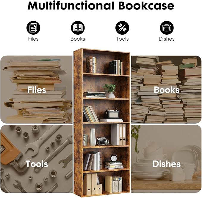 Book Shelf, 6-Tier Bookcase with Adjustable Shelves, Open Storage Shelves for Organization, 23.82 x 9.25 x 63, for Bedroom, Living Room, Home, Office, Rustic Brown