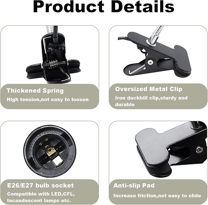 Clip Lamp Holder Adjustable Switch Clip Light Flexible Clip lamp Holder Clip Desk Lamp Socket Adjustable Light Stand Clamp Lamp Base Light Socket Gooseneck for Bedroom Lighting