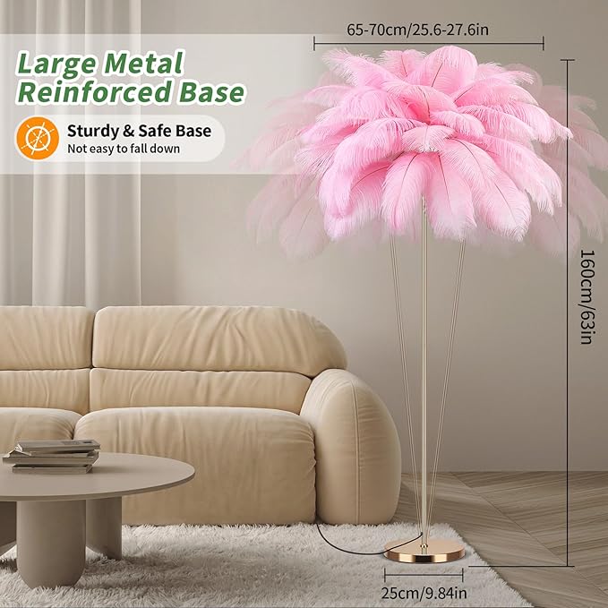 Feather Floor Lamp for Living Room, Fluffy Ostrich Feathers Lamp, Rose Gold Color Body, 3 Color Temperatures Modern Funky Arc Tall Standing Lamp for Bedroom Inclued Bright LED Bulbs (Pink)