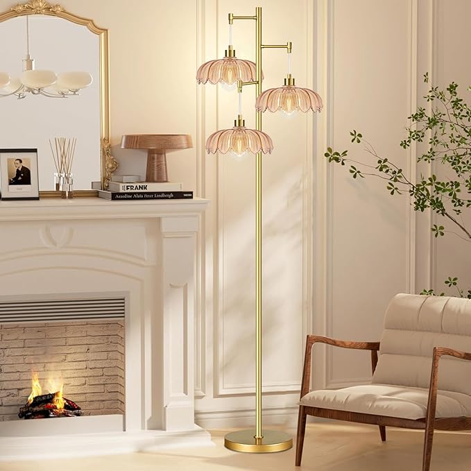 Glass Floor Lamp for Living Room,Bedroom,Gold Mid Century Modern Standing Lamp Brass Tree 3 Light Tall Floor Lamps Vintage Retro Floor Lights Flower Lamp Shade Farmhouse Boho Bohemian