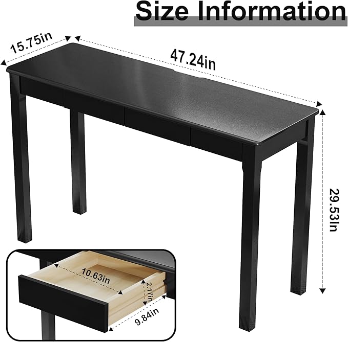 100% Solid Wooden Desk with Drawers - 47 x 16 Inch Modern Narrow Desks, Rubber Wood Study Table, Small Writing Desk for Small Spaces|Bedroom - Black Desks