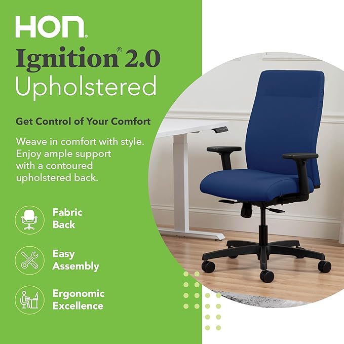 HON Ignition 2.0 Fabric Office Chair, Upholstered, Adjustable Arms, Standard Synchro-Tilt Recline Executive Ergonomic Office Chair, Black Frame, Indigo