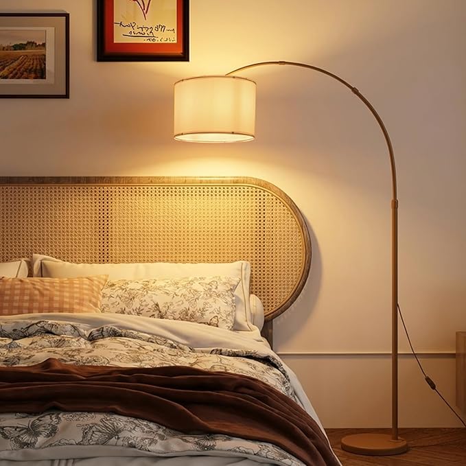 White Arc Floor Lamp with Marble Base, Modern Standing Floor Lamp with Adjustable Height Rotating Head, Tall Pole Lamp with Linen Shade, Over Couch Reading Light for Living Room Bedroom Office Corner